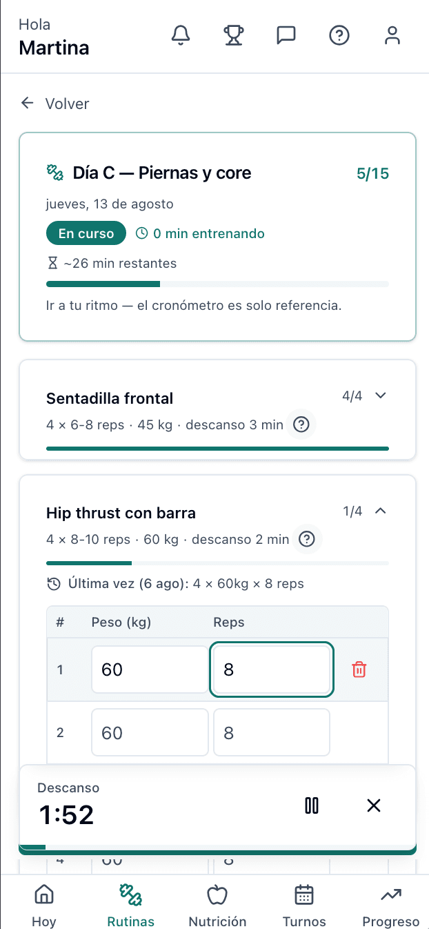 App del alumno registrando series con el cronómetro de descanso corriendo